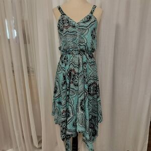 2/$30 H&M Turquoise Cottage Sundress‎ Sz 10 Handkerchief Hem Boho Tribal